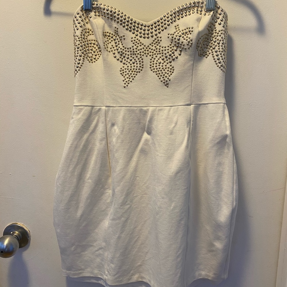 White strapless dress with gold studs, size M